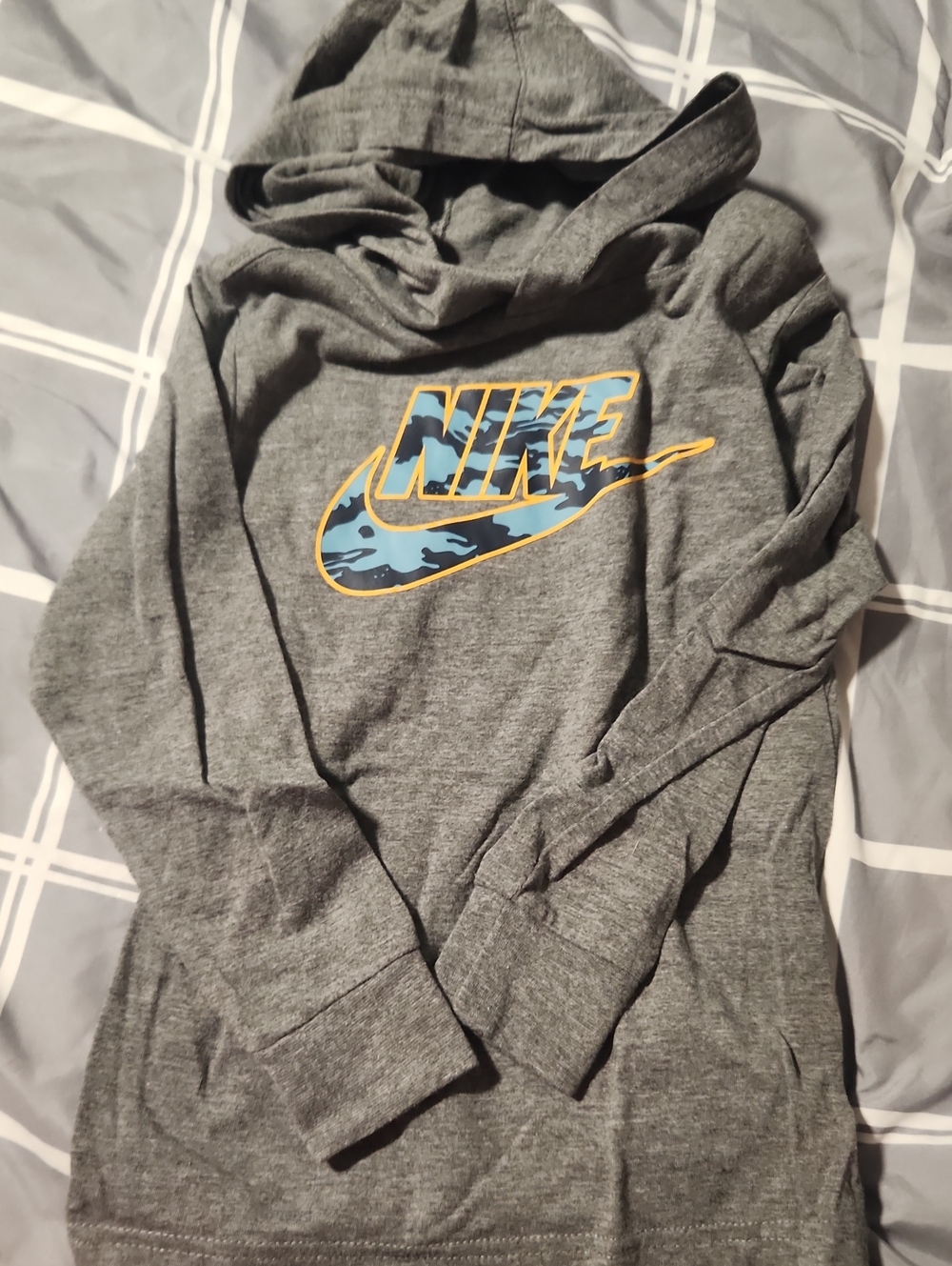 Nike Men's Gray Hoodie with Blue Camo Logo and Yellow Trim